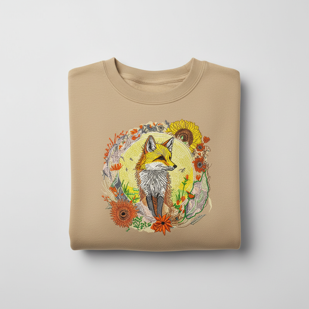 Sunlit Fox Floral — Premium Embroidered Unisex Crewneck | Original EmbroMania Design