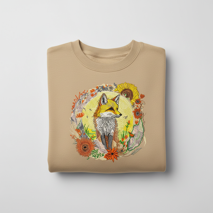 Sunlit Fox Floral — Premium Embroidered Unisex Crewneck | Original EmbroMania Design