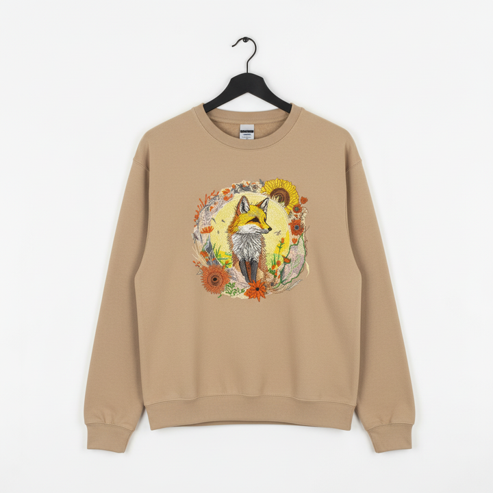 Sunlit Fox Floral — Premium Embroidered Unisex Crewneck | Original EmbroMania Design