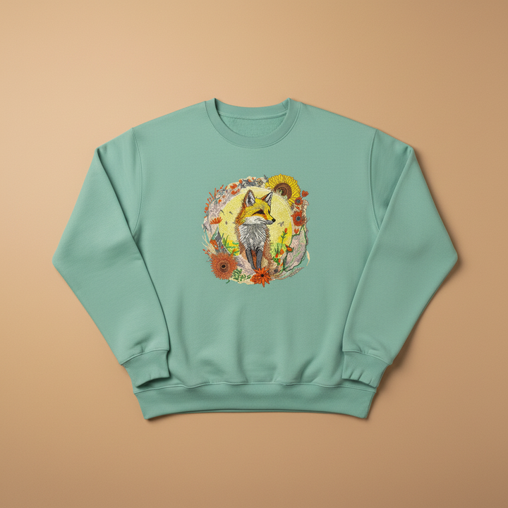 Sunlit Fox Floral — Premium Embroidered Unisex Crewneck | Original EmbroMania Design