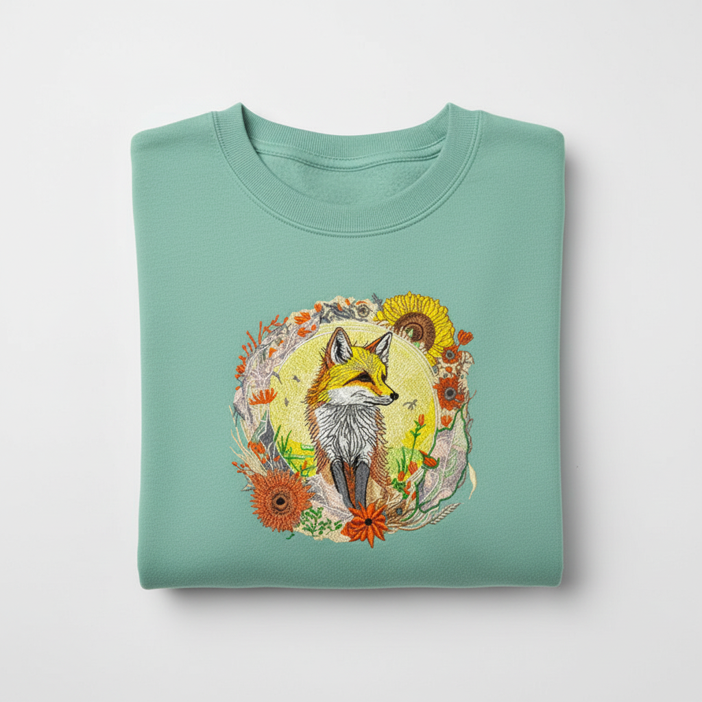 Sunlit Fox Floral — Premium Embroidered Unisex Crewneck | Original EmbroMania Design