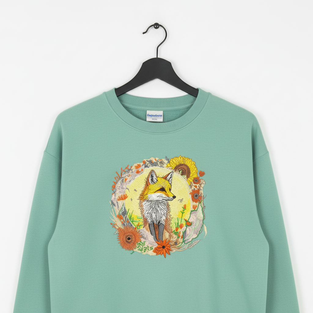 Sunlit Fox Floral — Premium Embroidered Unisex Crewneck | Original EmbroMania Design