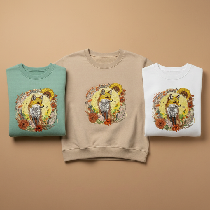 Sunlit Fox Floral — Premium Embroidered Unisex Crewneck | Original EmbroMania Design