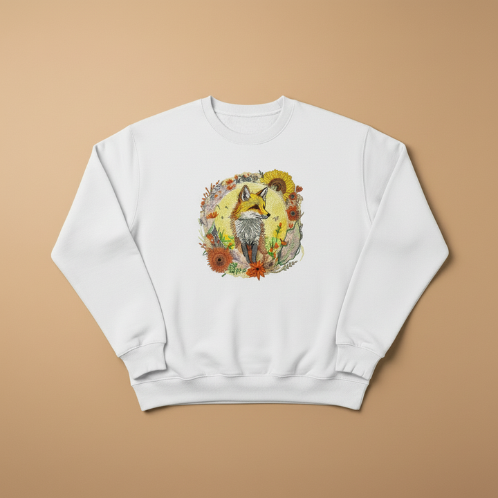 Sunlit Fox Floral — Premium Embroidered Unisex Crewneck | Original EmbroMania Design