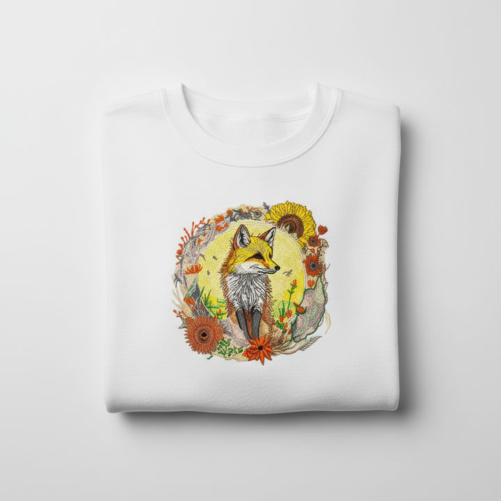 Sunlit Fox Floral — Premium Embroidered Unisex Crewneck | Original EmbroMania Design