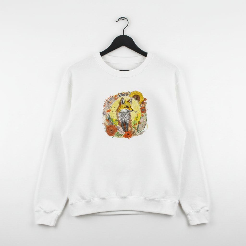 Sunlit Fox Floral — Premium Embroidered Unisex Crewneck | Original EmbroMania Design
