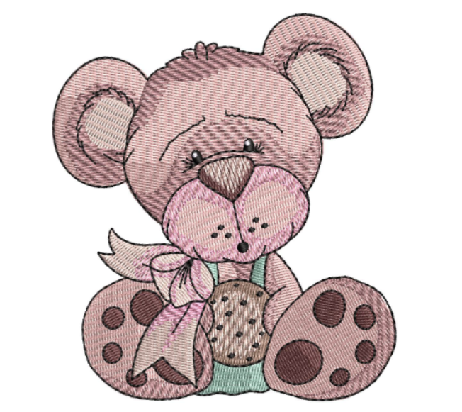 Embroidered teddy bear with a bow and cookie on a white background