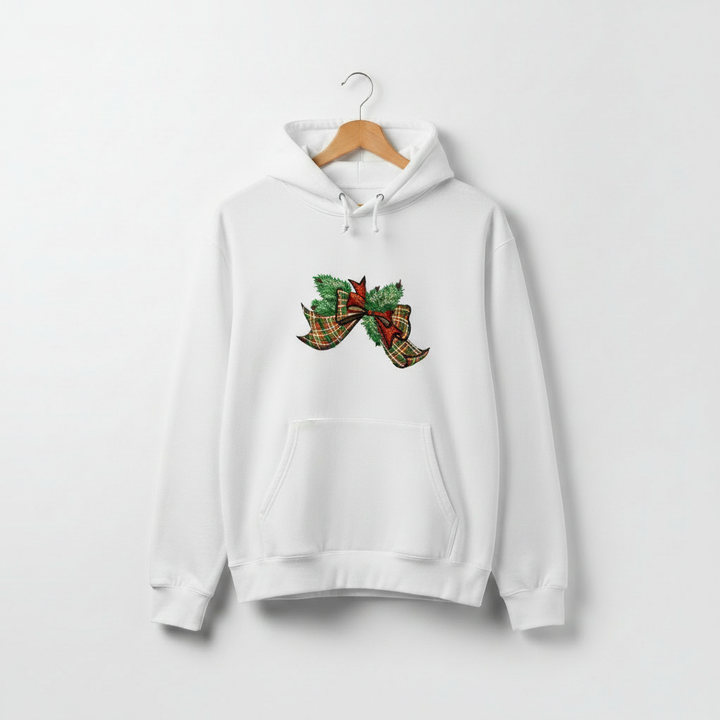 Tartan Ribbon &amp; Evergreen Bow — Premium Embroidered Collection | Hoodie • Sweatshirt • Jute Tote | Original EmbroMania Design