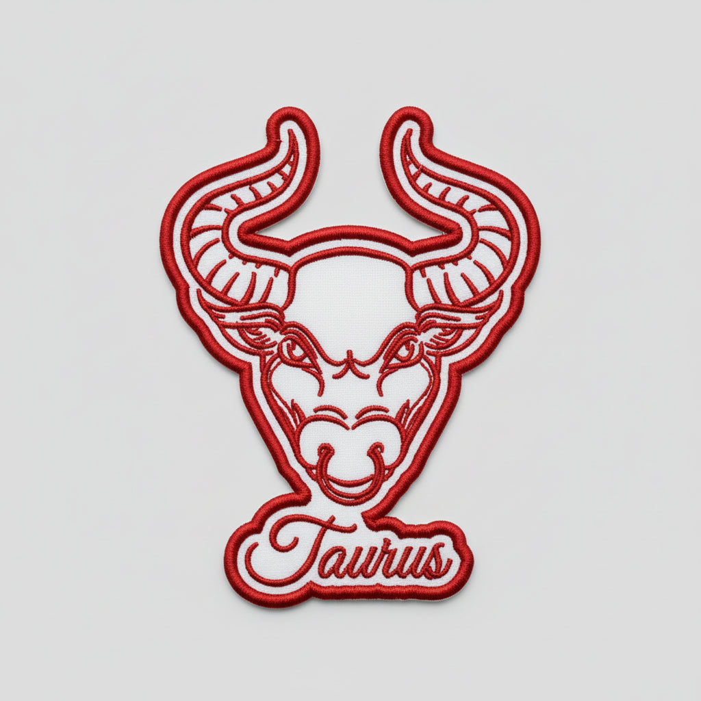 Red Taurus bull head embroidered patch with horn details and “Taurus” text on a white grid background.