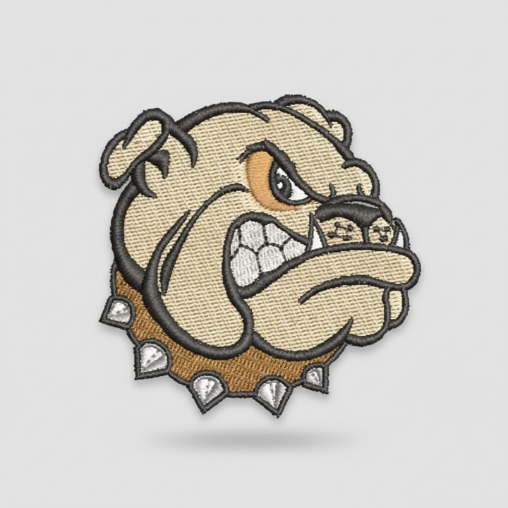 Bold bulldog embroidery patch featuring a tough cartoon-style bulldog head with bared teeth, thick black outline, and a spiked collar in beige, brown, and gray tones on a light background, original EmbroMania artwork.