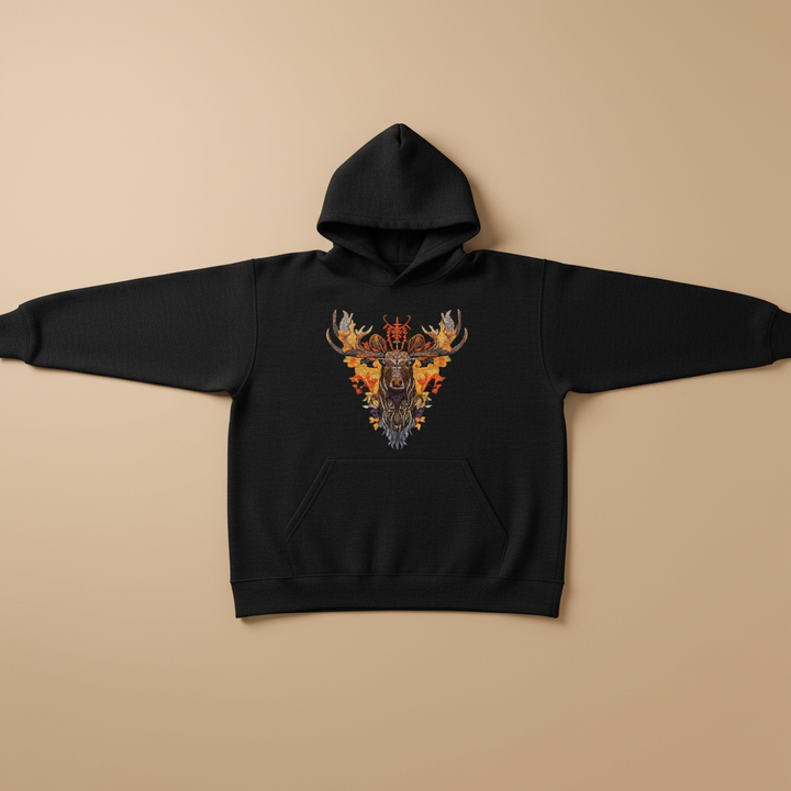 Autumn Leaf Moose Machine Embroidered Hoodie – Hand Finished in Dubai | EmbroMania