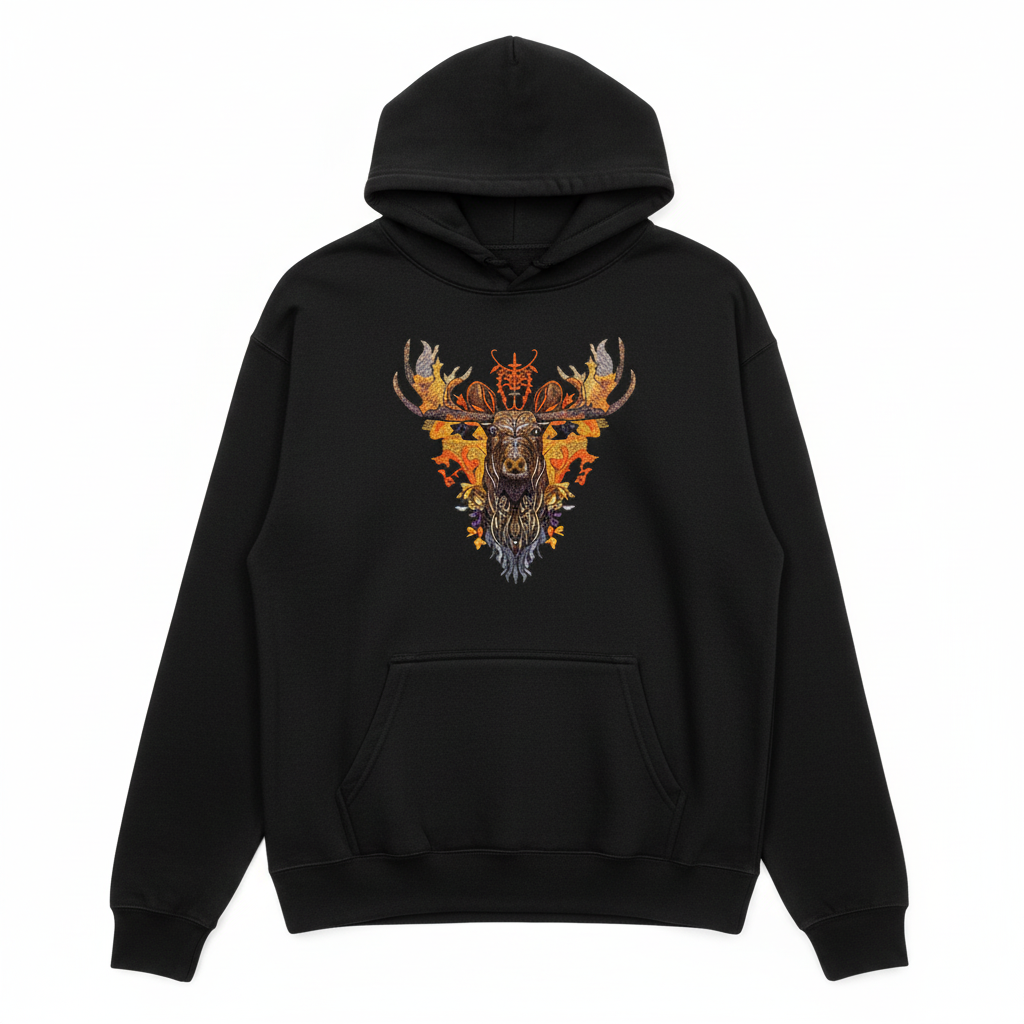 Autumn Leaf Moose Machine Embroidered Hoodie – Hand Finished in Dubai | EmbroMania