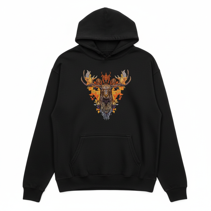 Autumn Leaf Moose Machine Embroidered Hoodie – Hand Finished in Dubai | EmbroMania