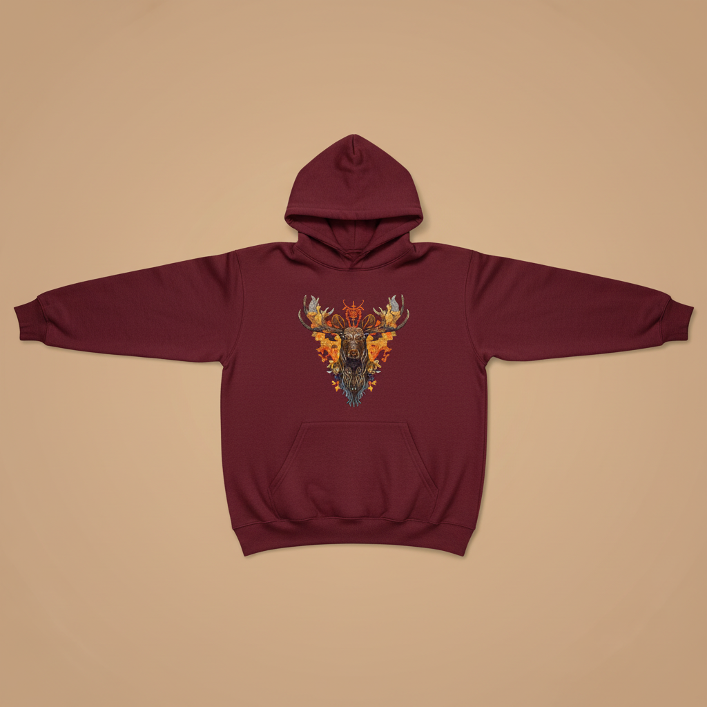 Autumn Leaf Moose Machine Embroidered Hoodie – Hand Finished in Dubai | EmbroMania