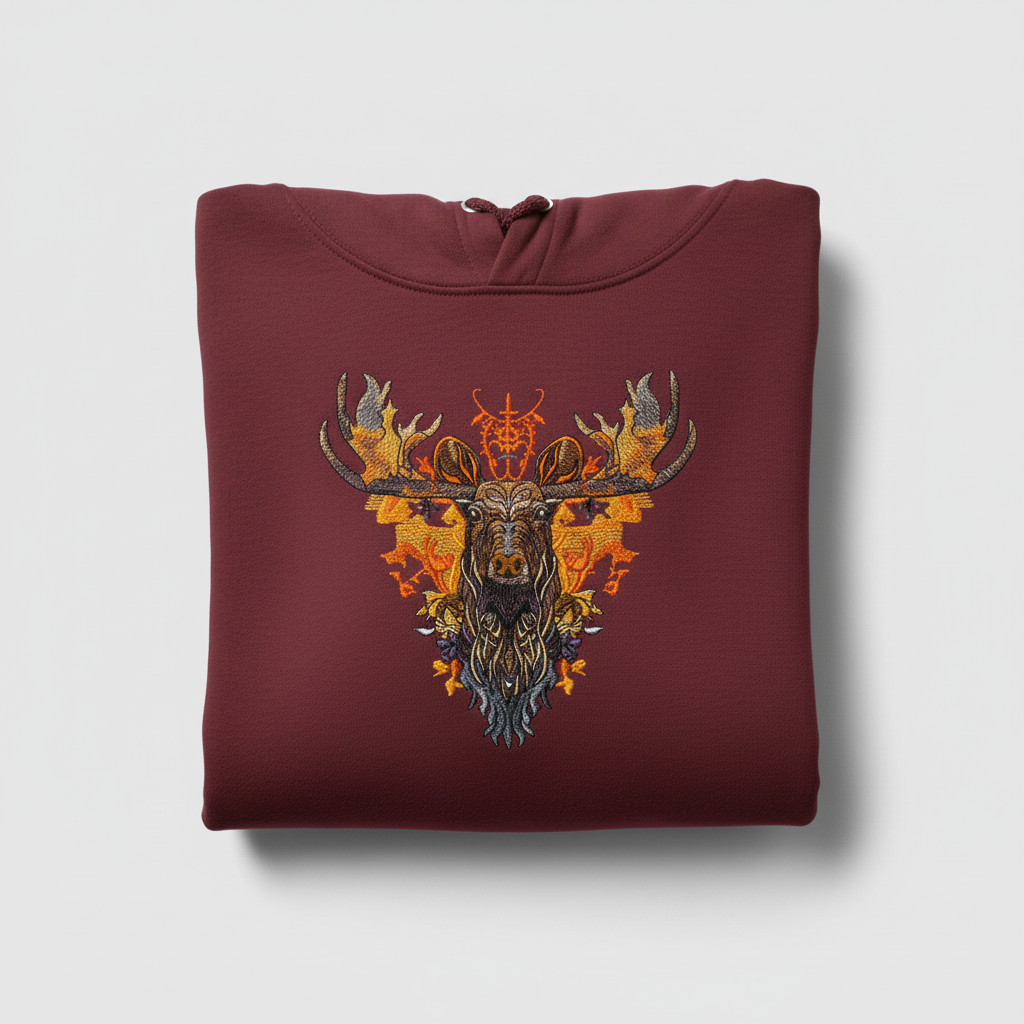 Autumn Leaf Moose Machine Embroidered Hoodie – Hand Finished in Dubai | EmbroMania
