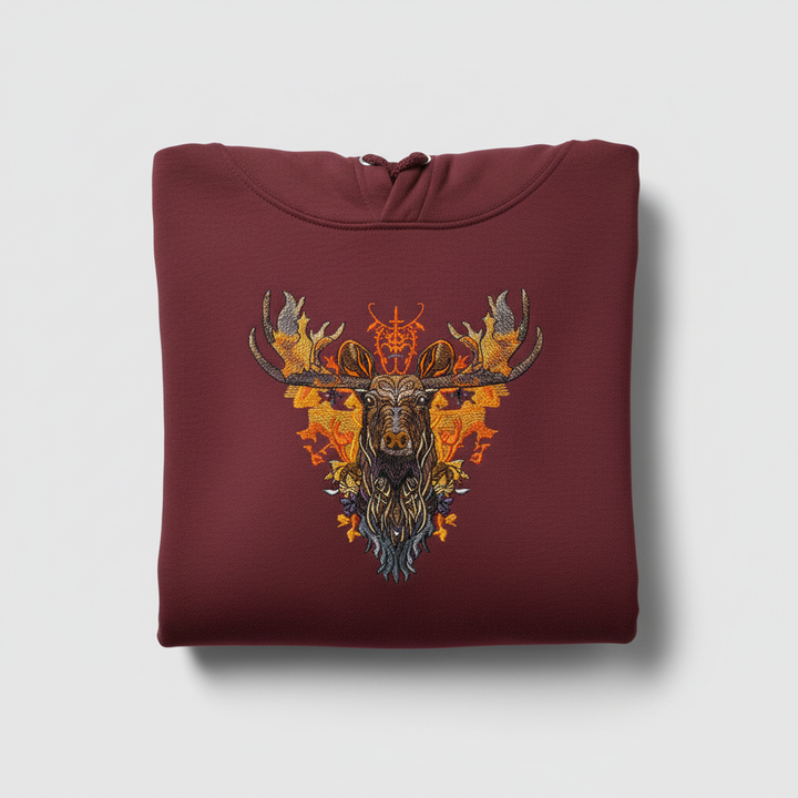 Autumn Leaf Moose Machine Embroidered Hoodie – Hand Finished in Dubai | EmbroMania