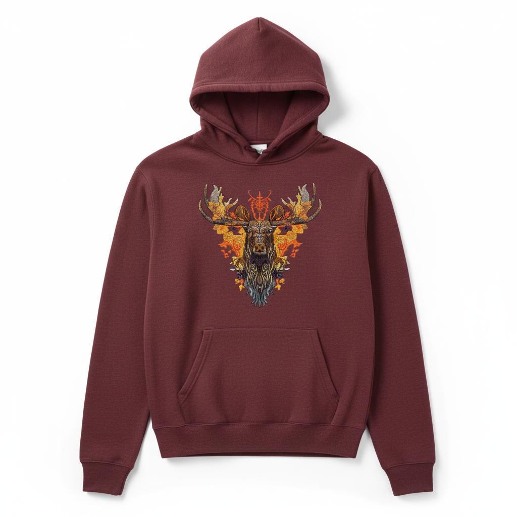 Autumn Leaf Moose Machine Embroidered Hoodie – Hand Finished in Dubai | EmbroMania