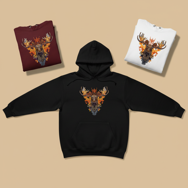 Autumn Leaf Moose Machine Embroidered Hoodie – Hand Finished in Dubai | EmbroMania