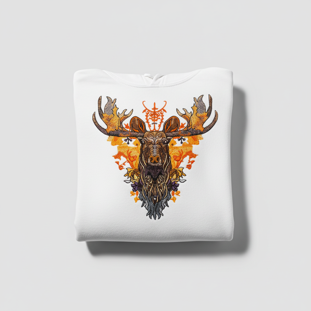 Autumn Leaf Moose Machine Embroidered Hoodie – Hand Finished in Dubai | EmbroMania