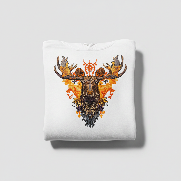 Autumn Leaf Moose Machine Embroidered Hoodie – Hand Finished in Dubai | EmbroMania