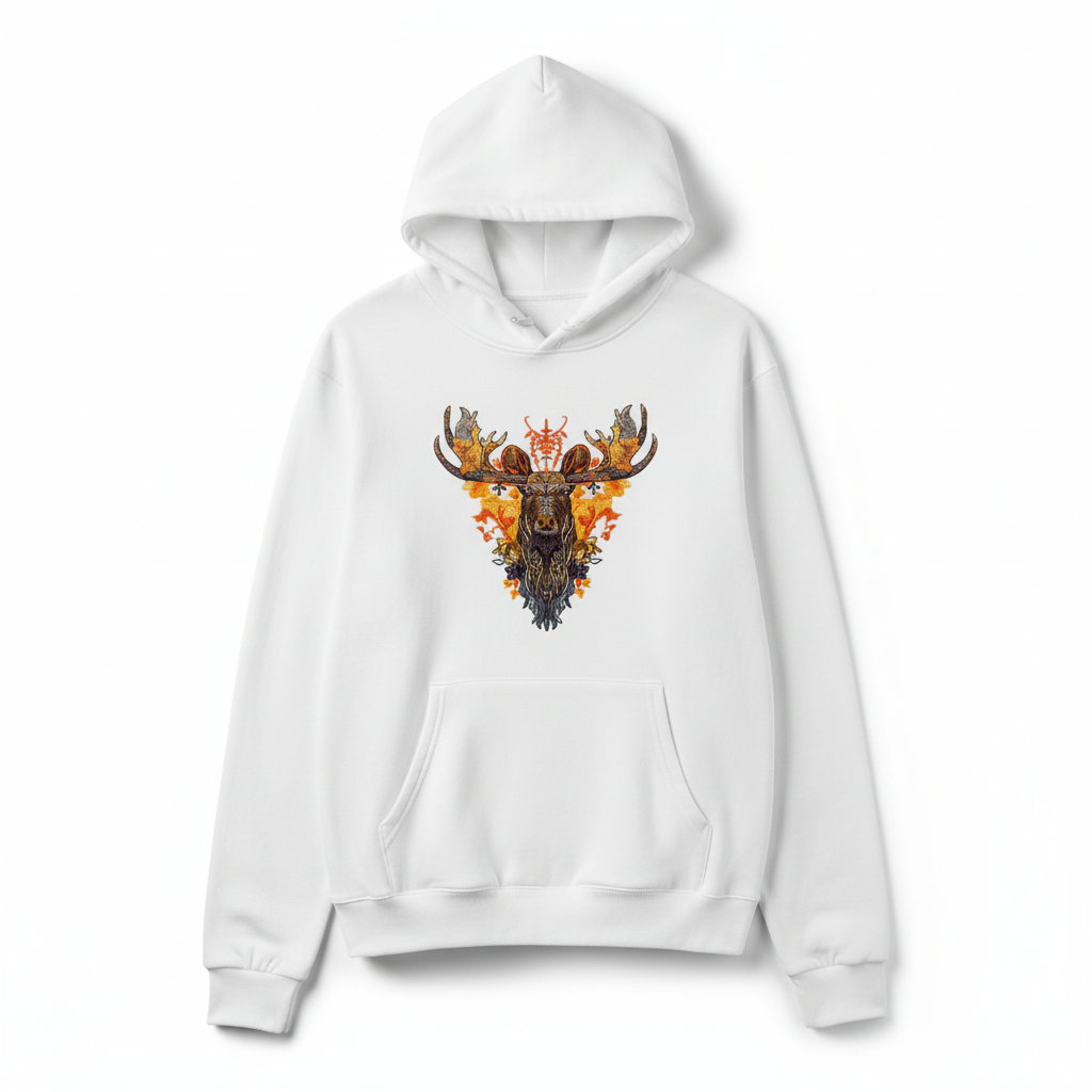Autumn Leaf Moose Machine Embroidered Hoodie – Hand Finished in Dubai | EmbroMania