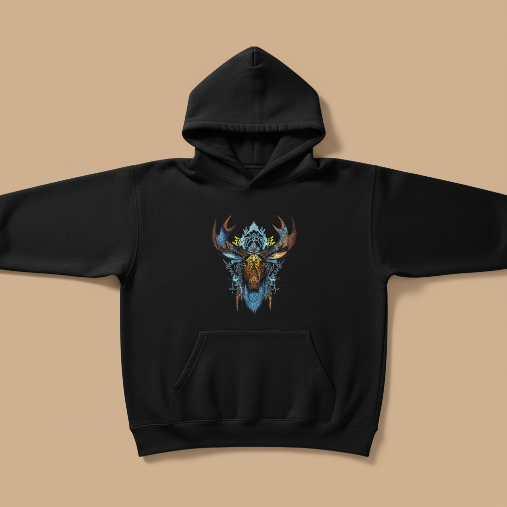 Tribal Moose Machine Embroidered Hoodie – Hand Finished in Dubai | EmbroMania