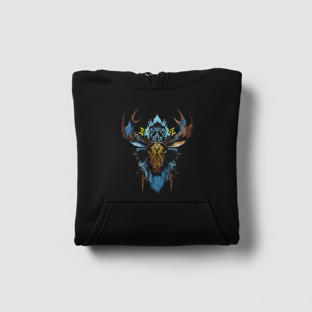 Tribal Moose Machine Embroidered Hoodie – Hand Finished in Dubai | EmbroMania