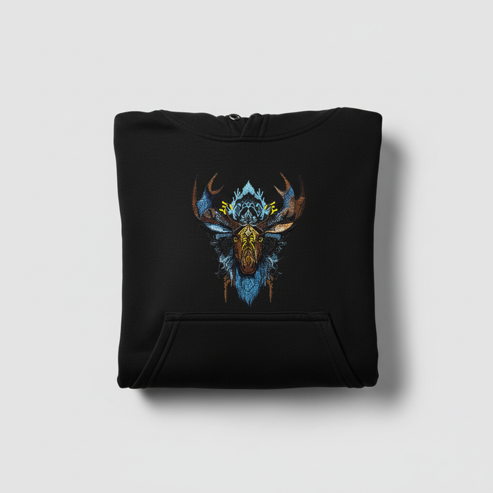 Tribal Moose Machine Embroidered Hoodie – Hand Finished in Dubai | EmbroMania