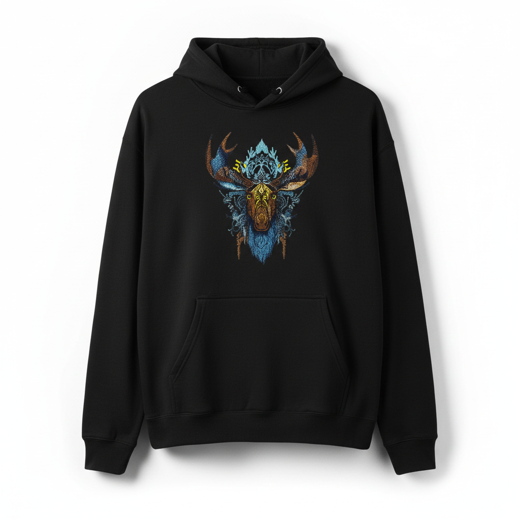 Tribal Moose Machine Embroidered Hoodie – Hand Finished in Dubai | EmbroMania