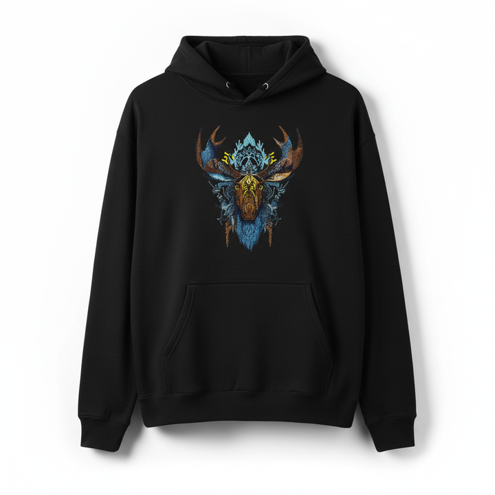 Tribal Moose Machine Embroidered Hoodie – Hand Finished in Dubai | EmbroMania
