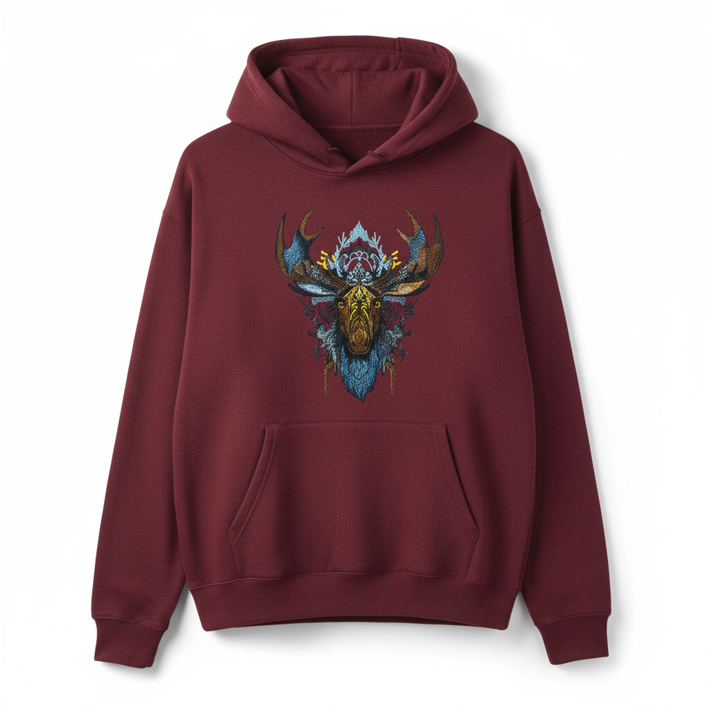 Tribal Moose Machine Embroidered Hoodie – Hand Finished in Dubai | EmbroMania