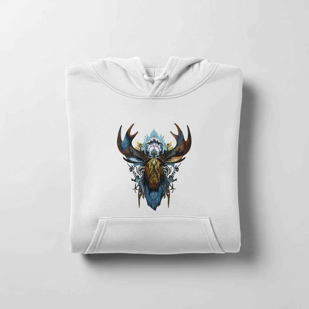 Tribal Moose Machine Embroidered Hoodie – Hand Finished in Dubai | EmbroMania