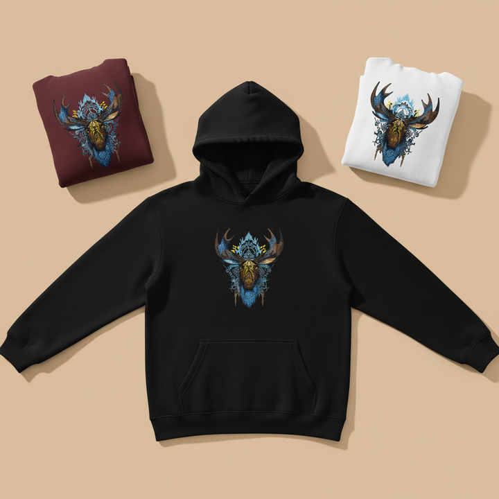 Tribal Moose Machine Embroidered Hoodie – Hand Finished in Dubai | EmbroMania