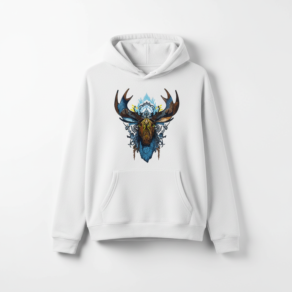 Tribal Moose Machine Embroidered Hoodie – Hand Finished in Dubai | EmbroMania