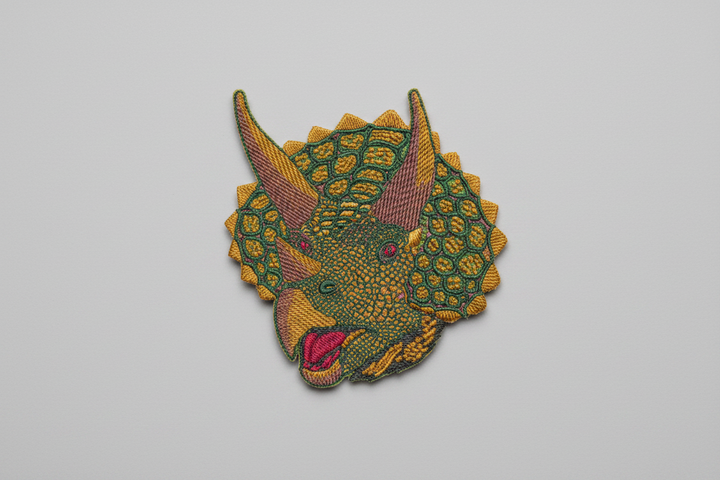 Embroidered patch of a triceratops dinosaur head on a grid background