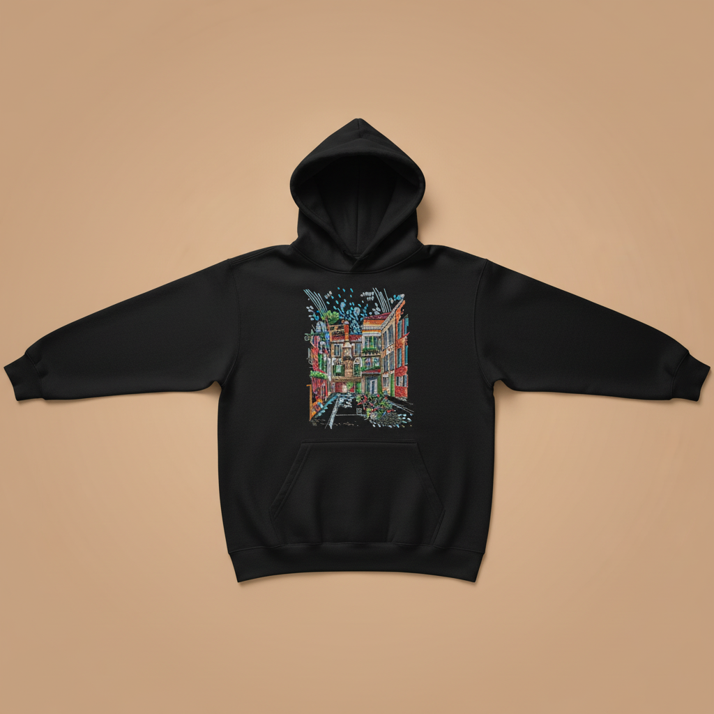 Urban Alley Sketch — Premium Embroidered Hoodie | Original EmbroMania Design
