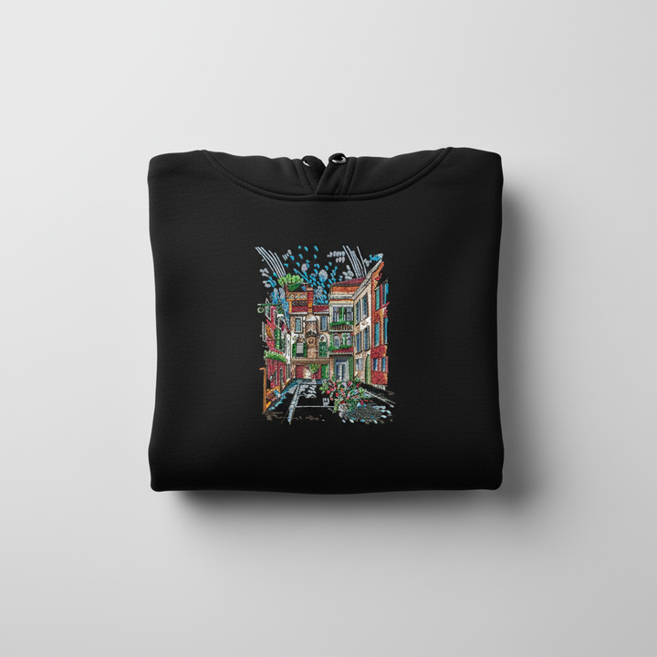 Urban Alley Sketch — Premium Embroidered Hoodie | Original EmbroMania Design