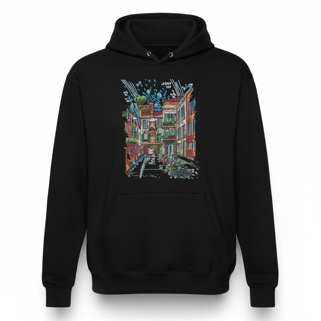 Urban Alley Sketch — Premium Embroidered Hoodie | Original EmbroMania Design