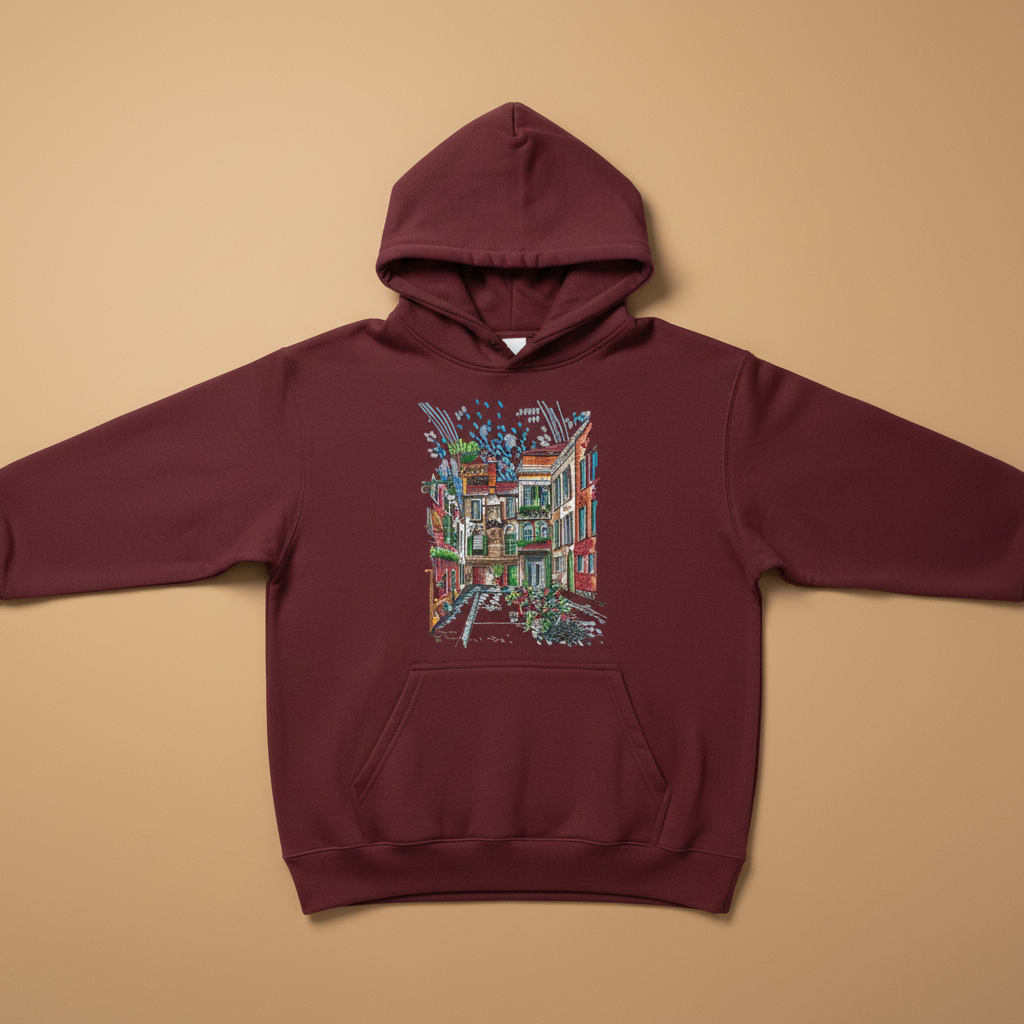 Urban Alley Sketch — Premium Embroidered Hoodie | Original EmbroMania Design