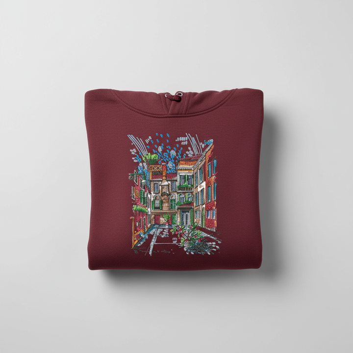 Urban Alley Sketch — Premium Embroidered Hoodie | Original EmbroMania Design