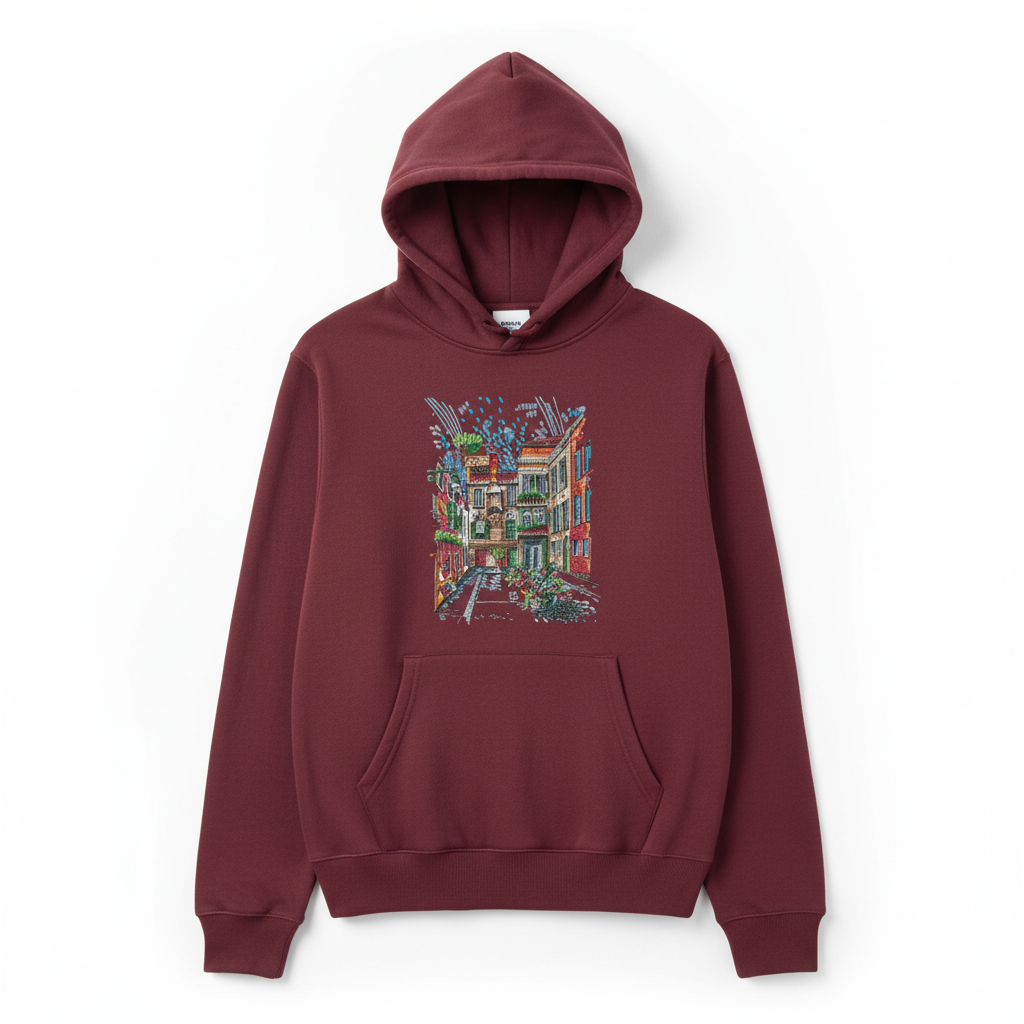 Urban Alley Sketch — Premium Embroidered Hoodie | Original EmbroMania Design