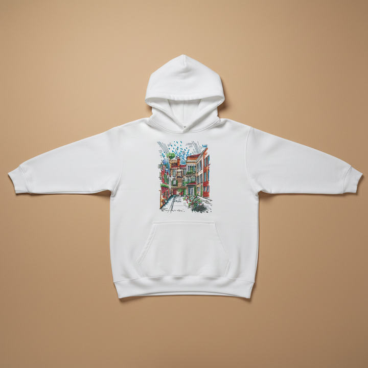 Urban Alley Sketch — Premium Embroidered Hoodie | Original EmbroMania Design