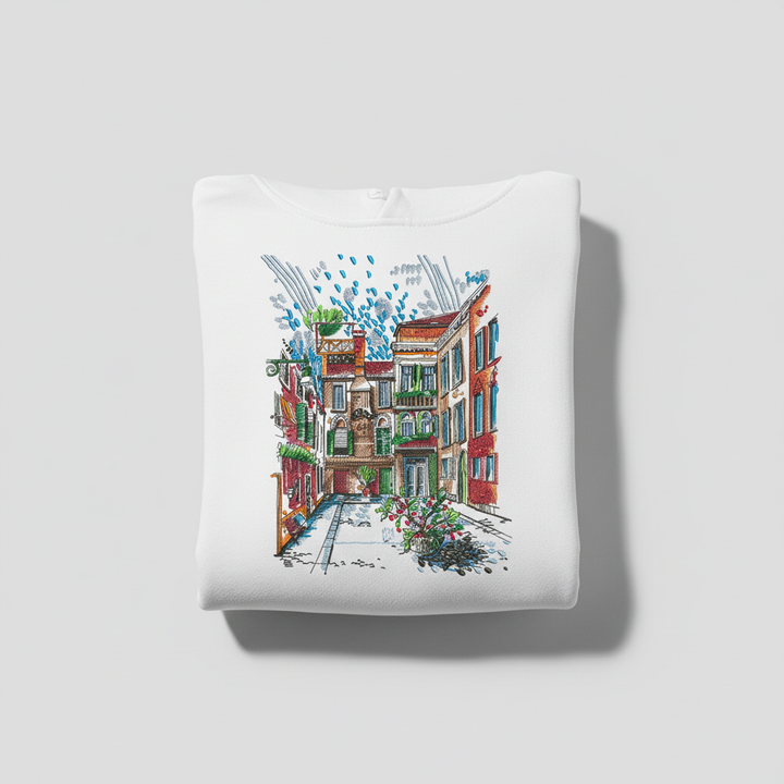 Urban Alley Sketch — Premium Embroidered Hoodie | Original EmbroMania Design