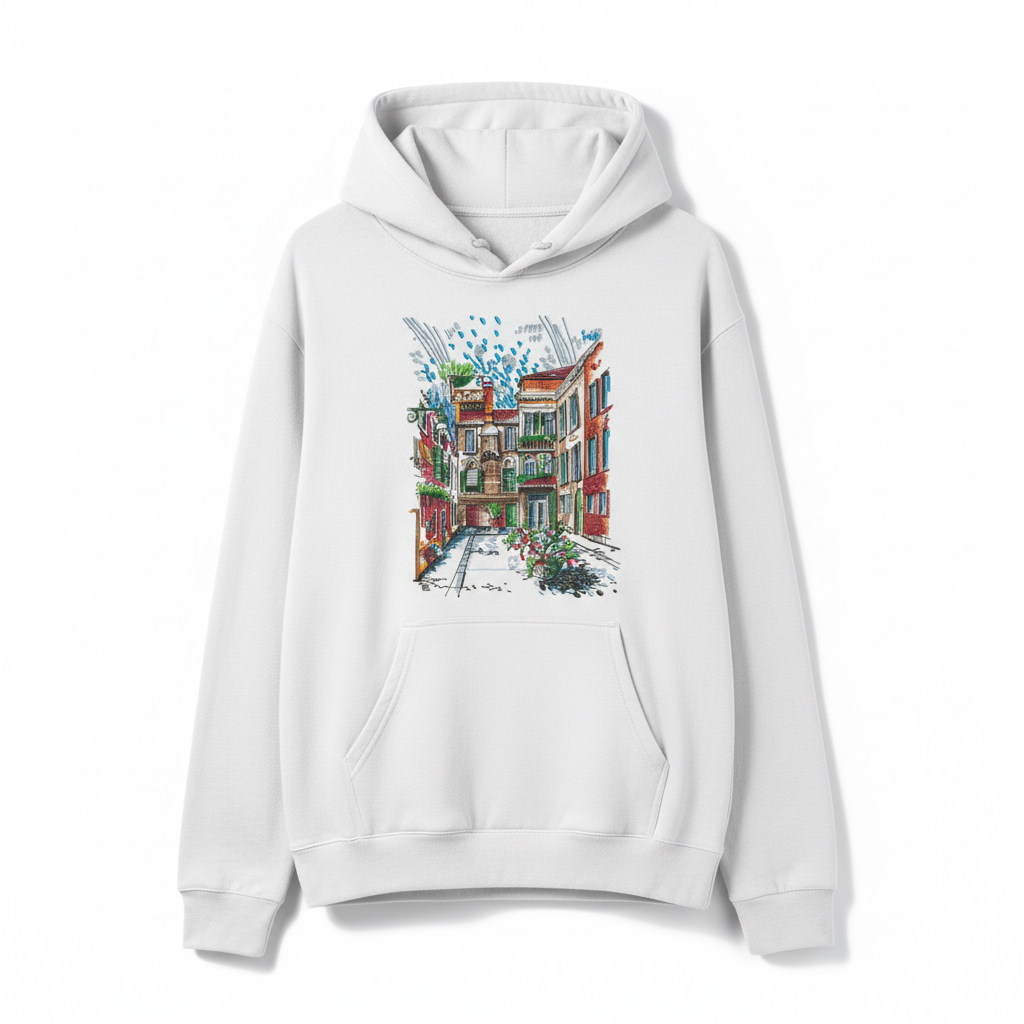 Urban Alley Sketch — Premium Embroidered Hoodie | Original EmbroMania Design