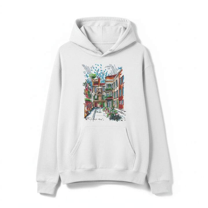 Urban Alley Sketch — Premium Embroidered Hoodie | Original EmbroMania Design