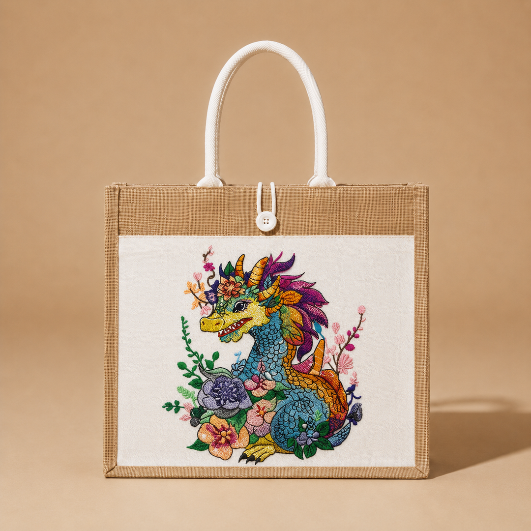 Tote bag with a colorful dragon and floral design on a beige background