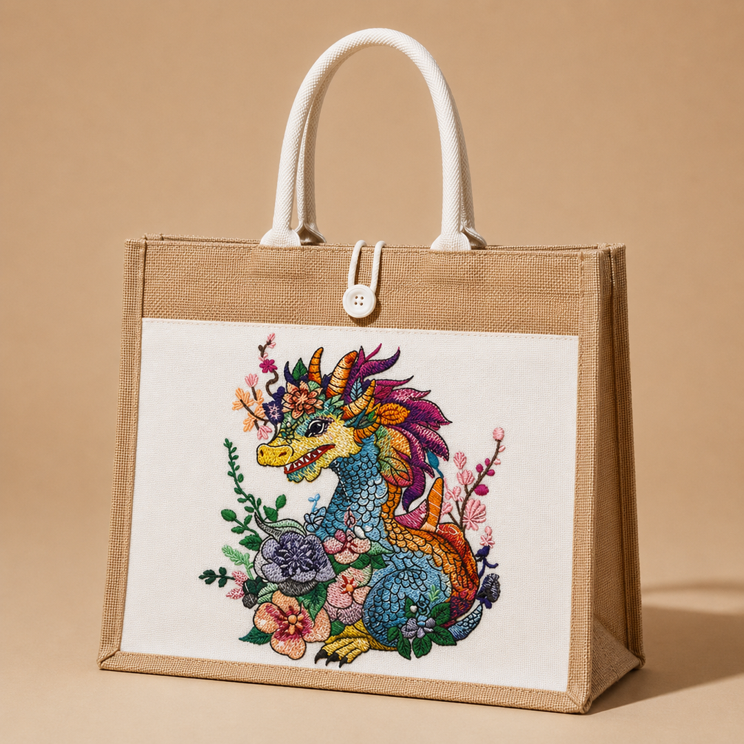 Jute bag with a colorful dragon and floral design on a beige background