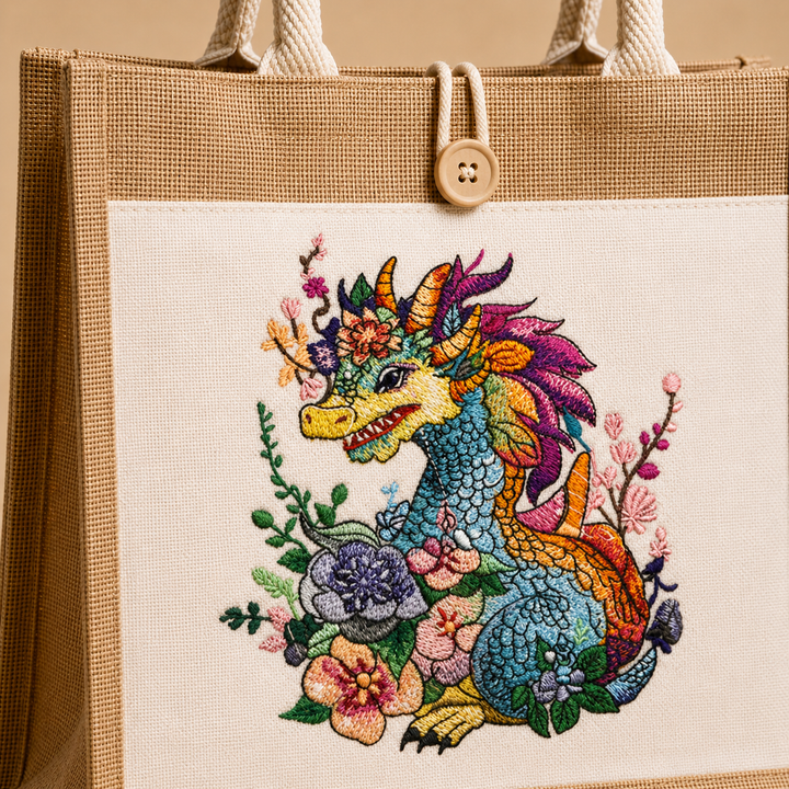 Embroidered dragon design on a beige tote bag with floral elements.
