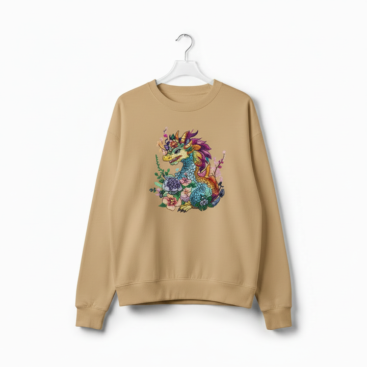 Vivid Bloom Dragon — Premium Embroidered Unisex Crewneck | Original EmbroMania Design