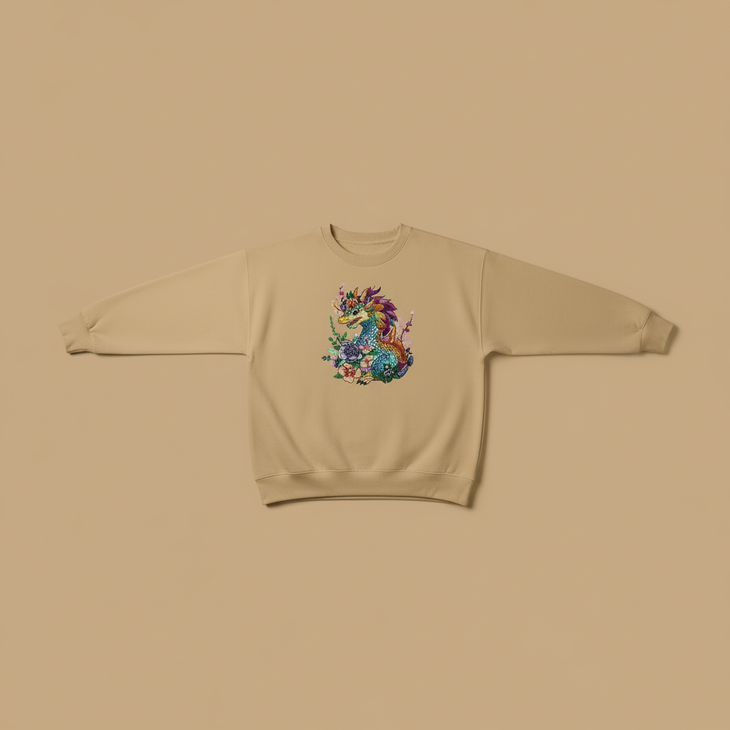 Vivid Bloom Dragon — Premium Embroidered Unisex Crewneck | Original EmbroMania Design